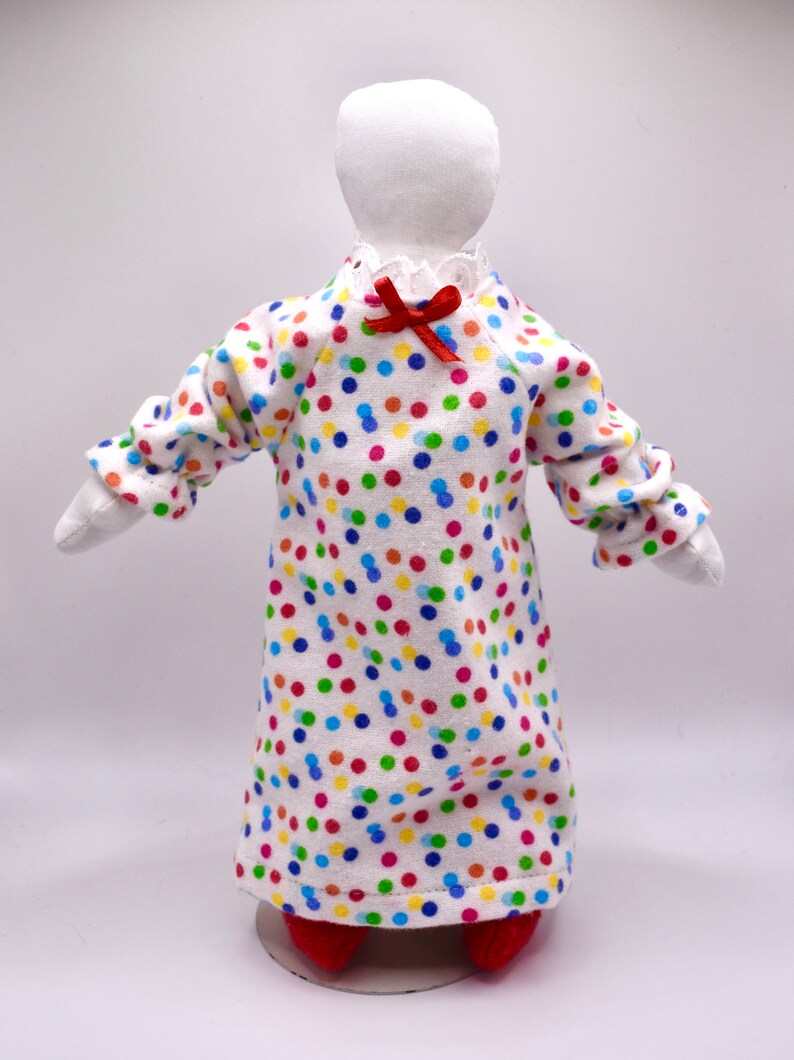 Doll Clothes: White Nightgown With Polka Dots & Red Slippers Toys For Kids Handmade image 2