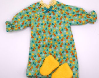 Doll Clothes: Green Nightgown & Yellow Slippers - Handmade Toy For Kids