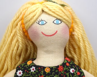 Blond Girl Doll In Green Outfit - Handmade Toy - For Kids / Adults