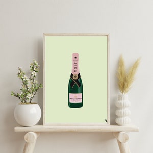 Light Green Champagne Bottle, Retro Printable Wall Art, Digital Download, Bar Cart Art, Moet, Bubbly, Dorm Room Decor