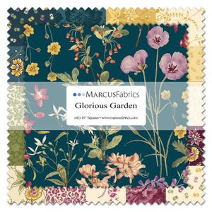 May include: A stack of 42 fabric squares measuring 25.4 cm each, featuring the Marcus Fabrics Glorious Garden collection. The fabric patterns display botanical illustrations of flowers in shades of pink, yellow, and green on dark teal backgrounds.