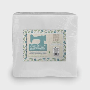 May include: A package of Sew-in Interfacing sheets, wrapped in clear plastic. The label features a teal sewing machine graphic and text that reads "Sew-in Interfacing". The package includes 50 pre-cut 12.5" sheets.