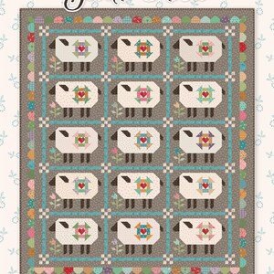 May include: A patchwork quilt with a repeating pattern of sheep, each with a heart-shaped design. The quilt features a gray background with a blue border and colorful accents. The text "Gentle Flock" is at the top.