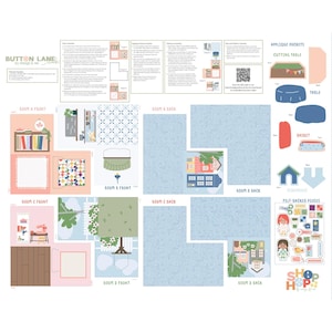 May include: A colorful craft kit with illustrated instructions and various felt-backed pieces. The kit includes patterns for rooms, furniture, and decorative elements. The design features a house theme with a cutting table, basket, and other accessories. The text "BUTTON LANE" is visible.