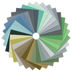 May include: A circular arrangement of color swatches in a variety of shades. The swatches radiate from a central white circle, showcasing a spectrum of greens, blues, grays, and browns. The arrangement is designed to display a range of color options.