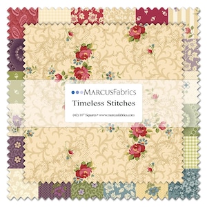 Può includere: Un set di quadrati di tessuto patchwork con disegni floreali e fantasia nei toni del crema, rosso e verde. Il set include quadrati con rose, volute e altri motivi. Il testo "MARCUS Fabrics Timeless Stitches" è visibile.