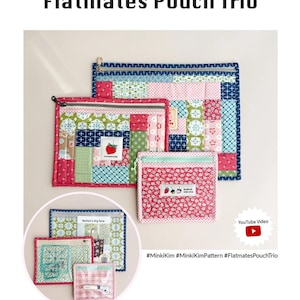 May include: A trio of flat zippered pouches in three sizes, featuring a patchwork design with various floral and geometric patterns in shades of pink, green, and blue. Each pouch has a fabric label with a strawberry graphic and text.