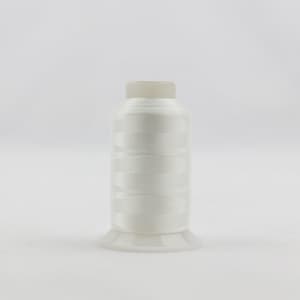 May include: A spool of white sewing thread featuring a cylindrical plastic core with a flared base and a flat top. The thread is wound tightly around the center, creating a smooth, uniform surface with a subtle sheen across the white fibers.
