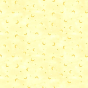Könnte beinhalten: Ein nahtloses Muster mit gelben Halbmonden und kleinen Sternen auf einem hellgelben Hintergrund. Das Himmelsdesign wiederholt sich und erzeugt eine weiche, verträumte Ästhetik, die für verschiedene Anwendungen geeignet ist.