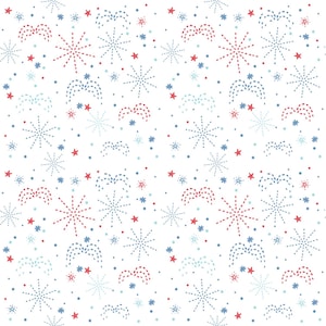 Puede incluir: Un patrón repetitivo sobre un fondo blanco presenta fuegos artificiales estilizados, estrellas y puntos en rojo, azul claro y azul oscuro. El diseño incluye varios tamaños y formas de explosiones estelares y líneas punteadas.