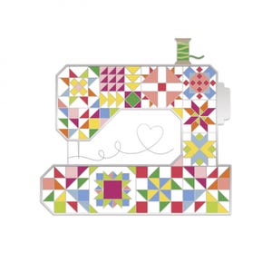 May include: A colorful sewing machine design with a patchwork quilt pattern. The machine features a heart-shaped detail and a spool of green thread. The design incorporates various geometric shapes and a vibrant color palette, perfect for quilting enthusiasts.