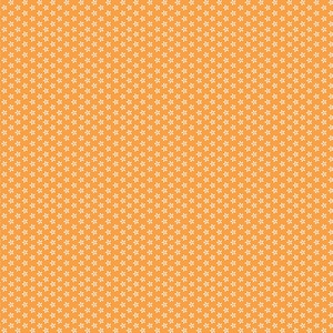 Op de afbeelding: Een naadloos patroon met een herhalend bloemmotief. De achtergrond is een warme oranje kleur en de bloemen zijn klein en wit. Dit patroon is geschikt voor diverse knutselprojecten, waaronder stof, behang en digitale kunst.