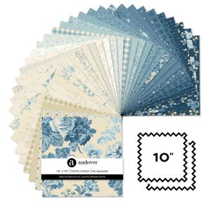 May include: A collection of 42 fabric squares, each measuring 10 inches by 10 inches, arranged in a fan shape. The squares feature various blue and cream floral, plaid, and geometric patterns. The label reads: andover, 10 x 10, 100% cotton, 42 squares.