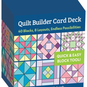 Puede incluir: Una caja azul para un Quilt Builder Card Deck. La caja presenta coloridos diseños de bloques de edredón y el texto "40 bloques, 8 diseños, posibilidades infinitas". Las tarjetas son de 10 cm x 10 cm de doble cara.