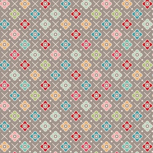 Peut inclure: Motif répété de formes florales colorées en rouge, rose, bleu, vert et jaune, sur fond gris. Les fleurs sont disposées en grille avec des lignes en croisillons blancs et de petits points blancs.