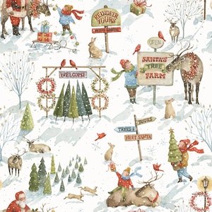May include: Watercolor illustration of a winter scene with Santa Claus, reindeer, and children. The image features signs for "Reindeer Tours," "Santa's Tree Farm," and "Meet Santa." Snow-covered ground with trees, wreaths, and birds.