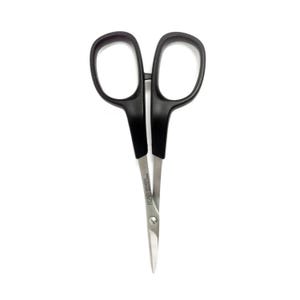May include: Black handled scissors with silver blades, designed for precision cutting. The scissors have a curved blade and are set against a white background. The handles have a rounded design for comfortable use. The blades are made of stainless steel.