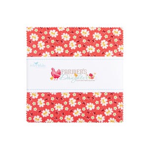 May include: A stack of fabric squares with a red floral pattern and a white band featuring the text "Farmer's Daughter" and a hen illustration. The fabric squares are likely for quilting or other craft projects.