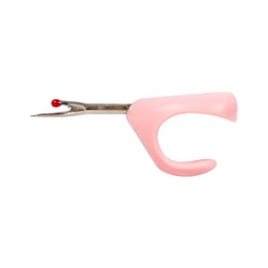 May include: A pink seam ripper with a silver blade and a red ball at the tip. The handle is curved for easy grip. This sewing tool is used to remove stitches.