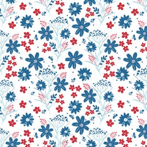 Puede incluir: Patrón floral continuo con flores azules y rojas sobre fondo blanco. El diseño presenta diversos tipos de flores y follaje, creando una impresión botánica vibrante y detallada. Perfecto para telas o papeles pintados.