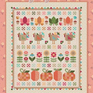 May include: A Thanksgiving Row Quilt pattern featuring rows of colorful fabric leaves, acorns, turkeys, sunflowers, and pumpkins. The design includes small geometric blocks and a decorative border on a cream background with the text Thanksgiving Row Quilt.