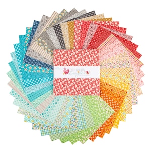 May include: A collection of fabric squares in various colors and patterns, arranged in a circular fan shape. The fabrics include floral, geometric, and striped designs in shades of red, blue, green, and yellow. The center features a bundle with the text "Farmer's Daughter".