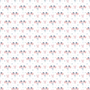 May include: A repeating pattern of American flags, bows, and stars in red, white, and blue on a white background. The flags are clustered in groups of three, with blue stars on the flag.