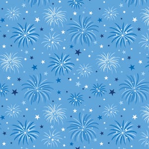 Op de afbeelding: Een herhalend patroon van gestileerd vuurwerk en sterren in tinten blauw en wit op een lichtblauwe achtergrond. Het vuurwerk heeft een radiaal ontwerp en de sterren variëren in grootte en tint.