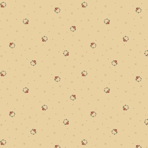 May include: A repeating pattern on a beige background. The pattern features small wreaths with green leaves and red berries, along with tiny gray dots and swirl designs. The overall design has a vintage or rustic aesthetic.