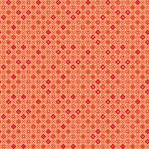 Peut inclure: Motif répété de petites fleurs stylisées et de croix dans des tons de rouge et d'orange. Le motif est posé sur un fond couleur pêche, créant un motif visuellement équilibré et symétrique.