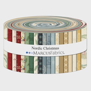 May include: A jelly roll fabric bundle featuring a variety of strips with Nordic Christmas patterns in shades of red, green, blue, gold, and cream. A white paper band wraps around the centre with the text Nordic Christmas MARCUSFABRICS.