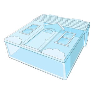 May include: A light blue, house-shaped container with a roof, door, and windows. The container has a rectangular base and a lid that resembles a house. The design includes cloud-shaped accents on the sides.