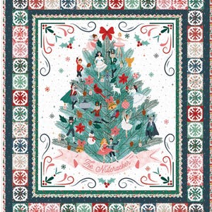 May include: A rectangular quilt featuring a central Christmas tree illustration decorated with Nutcracker characters, dancers, and festive ornaments. A pink banner at the base reads The Nutcracker. The border consists of colourful snowflake patterns.