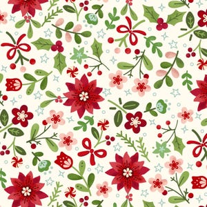 Puede incluir: Un patrón festivo con un fondo crema adornado con flores de Pascua rojas, flores rosas y rojas, hojas verdes, lazos rojos y pequeñas bayas rojas. El diseño también incluye pequeñas estrellas azules y bastones de caramelo, creando un tema navideño.