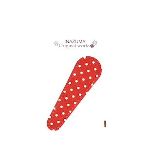 May include: A red polka dot scissor case with white dots. The case is elongated and has a stitched border. The image also includes the text "INAZUMA Original works".