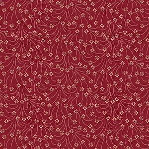 May include: A seamless pattern featuring a deep red background adorned with a delicate floral design. The pattern consists of small, cream-colored flowers connected by curved dotted lines, creating a flowing, elegant aesthetic.
