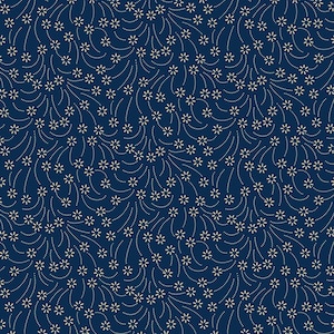 May include: A repeating pattern on a dark blue background. The design consists of small, cream-coloured flowers and dotted lines, creating a flowing, organic pattern across the surface. The pattern is seamless.