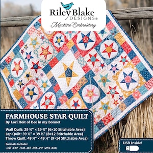May include: A colorful, star-patterned quilt with a white background and red, blue, and yellow accents. The quilt features various star designs and is labeled "Farmhouse Star Quilt" by Lori Holt of Bee in my Bonnet. The wall quilt measures 29 inches by 29 inches.