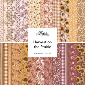 May include: A collection of 42 fabric squares measuring 10 inches by 10 inches, featuring the Riley Blake Designs Harvest on the Prairie collection with patterns of sunflowers, pumpkins, autumn leaves, gingham checks, and floral prints in warm tones.