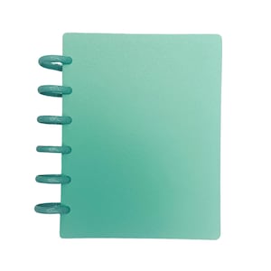 Puede incluir: Un cuaderno de discos de color verde menta con una cubierta frontal sólida de textura mate y seis discos de encuadernación de plástico a juego en el lado izquierdo. El cuaderno tiene forma rectangular con esquinas redondeadas a la derecha.