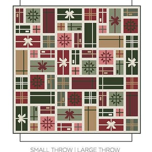 May include: A quilt pattern titled "Wrapped" featuring a grid of gift box designs in shades of green, red, and tan. The design includes bows and geometric patterns. The text "SMALL THROW | LARGE THROW" is below the design.
