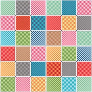 Peut inclure: Un motif de patchwork avec une grille de carrés colorés, chacun avec un motif vichy dans des couleurs variées, notamment le rouge, le bleu et le vert. Le haut de l'image contient des affirmations positives.