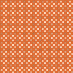 Puede incluir: Un fondo naranja está cubierto con un patrón repetitivo de pequeñas formas de flores blancas de cuatro pétalos. Las flores están espaciadas uniformemente y crean una apariencia texturizada consistente en la superficie.