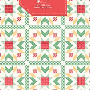 May include: A quilt pattern called "Gingham Star" by Lori Holt of Bee in my Bonnet. The pattern features a red, green, and yellow gingham design with a star pattern in the center. The finished size of the quilt is 72 inches by 72 inches.