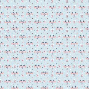 May include: A repeating pattern featuring American flags, red bows, and white stars on a light blue background. The flags are red, white, and blue, and the bows are red. The stars are small and scattered.