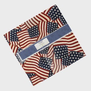May include: A square stack of fabric squares with a repeating American flag pattern in red, white, and blue. A blue fabric strip with a label that reads "Founding Glory" is on top of the fabric squares.