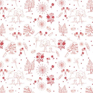 Pode incluir: Um padrão repetitivo de desenhos a traço vermelho sobre um fundo branco. O design inclui árvores, flores, bandeiras americanas, fogos de artifício, cachorros-quentes, hambúrgueres e estrelas. O tema geral é uma celebração patriótica.