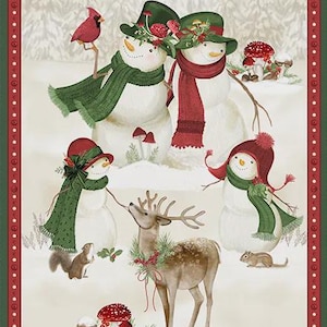 May include: A festive winter illustration with snowmen in hats and scarves, a deer, a cardinal, and mushrooms. The image is framed by a green and red border with berries and pine branches, evoking a Christmas theme.