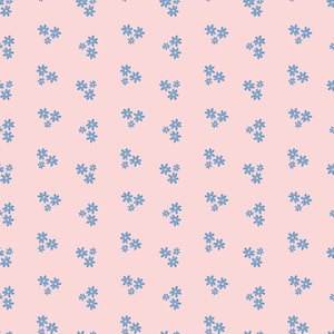 May include: A repeating pattern of small, light blue flowers on a soft pink background. The flowers are clustered in small groups, creating a delicate and feminine design. This floral pattern is suitable for fabric, wallpaper, or other decorative applications.
