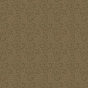May include: A brown fabric featuring a repeating pattern of dark brown swirling vine motifs. The design consists of intricate, curved leaf-like lines arranged in circular clusters, interspersed with small, scattered dark brown dots.